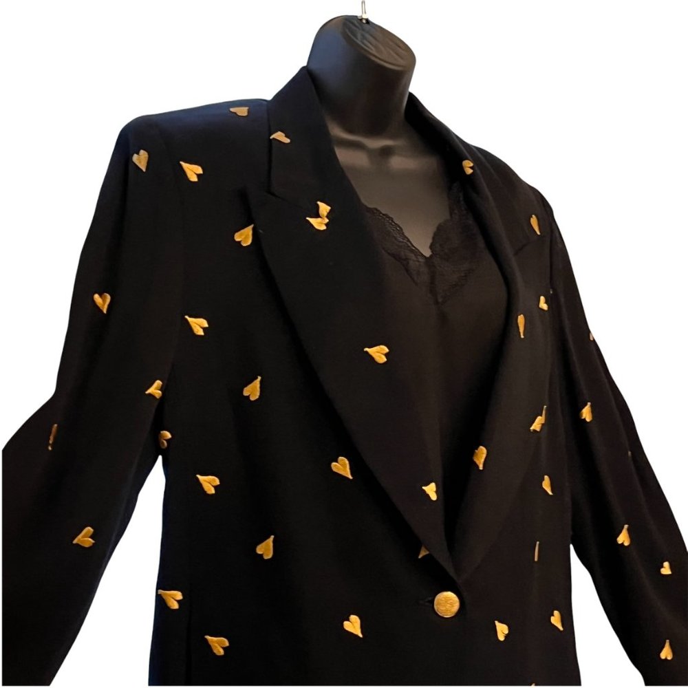 Vintage Oversized Black Blazer/Jacket Embroidered Hearts Fully Lined 80's-90's